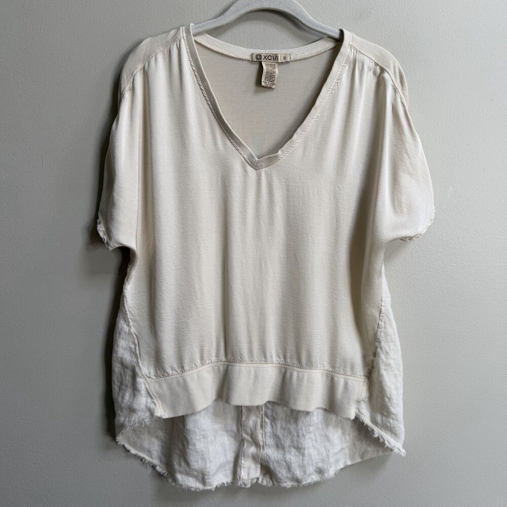 XCVI Cream Clara Mixed Media Linen Half Back Button Placket Top Size XS